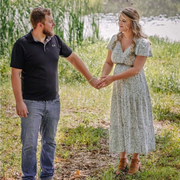 Spotted Print Black and White Midi Dress V-neck Button Front Ruffle Hem - Picture 9 of 10